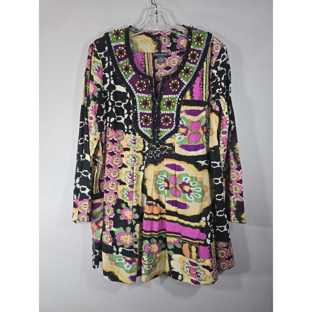 Chelsea & Theodore Womens XL Beaded Tunic Top V Neck Blouse Boho Tribal Indie BO
